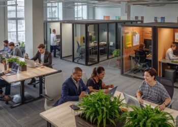Flex offices in New York showing modern coworking space with executives and professionals in contemporary workspace