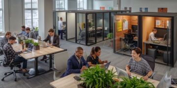 Uffici flessibili a New York che mostrano un moderno spazio di coworking con dirigenti e professionisti in un ambiente di lavoro contemporaneo