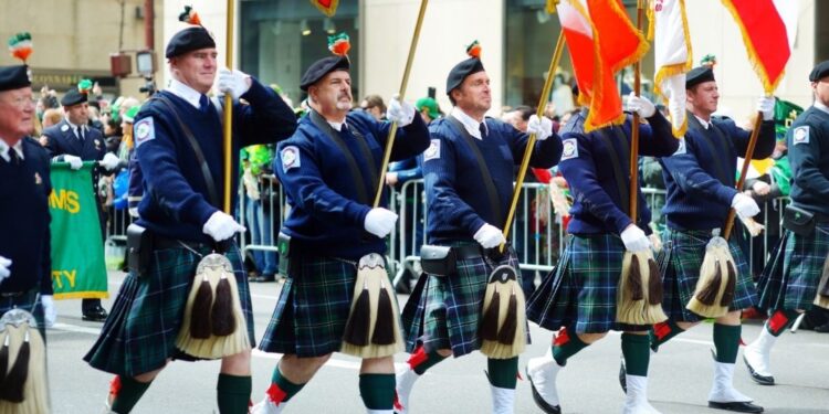 NYC St. Patrick's Day parade guide showing crowds along Fifth Avenue celebrating Irish heritage event