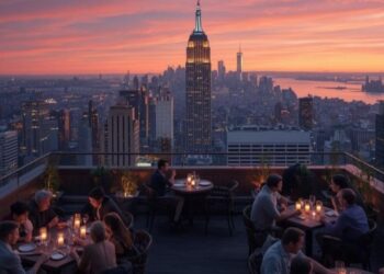 Rooftop bars NYC with golden hour Manhattan skyline view in spring