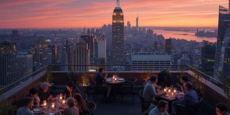 Barras en azoteas de NYC con vista de horizonte de Manhattan en hora dorada en primavera