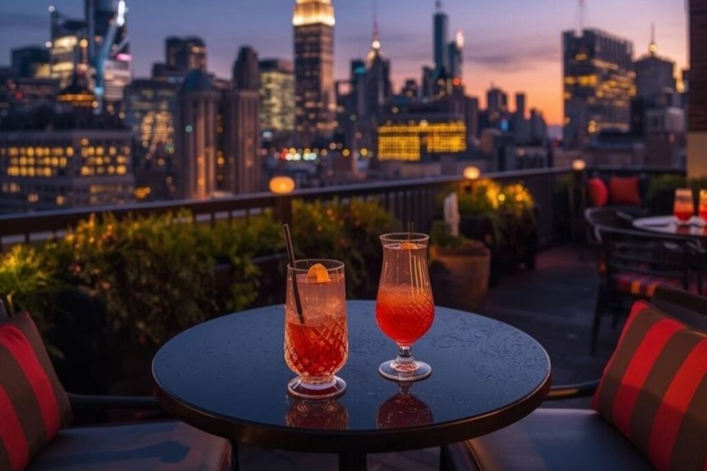 Frühlings-Cocktails auf einer Außenterrasse einer NYC-Dachbar mit Stadtblick