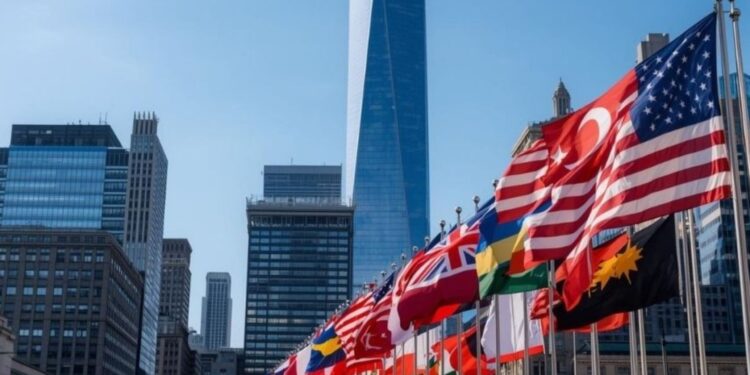 NYC skyline with international flags business district - NYCwebzine Global business hub connections seen from New York City skyline at dusk