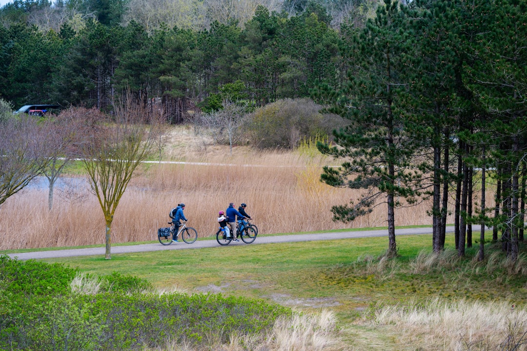 A family cycling together on a car-free path during kids adventures on Governors Island in New York City